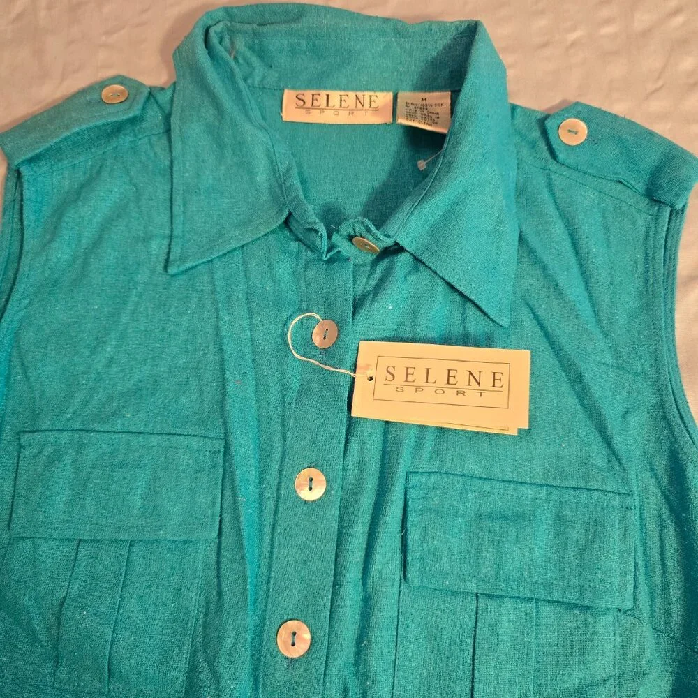 Shirt Women's Turquoise Sleeveless Silk Button Collar Selene Sport Med 1990s NWT - Picture 7 of 11